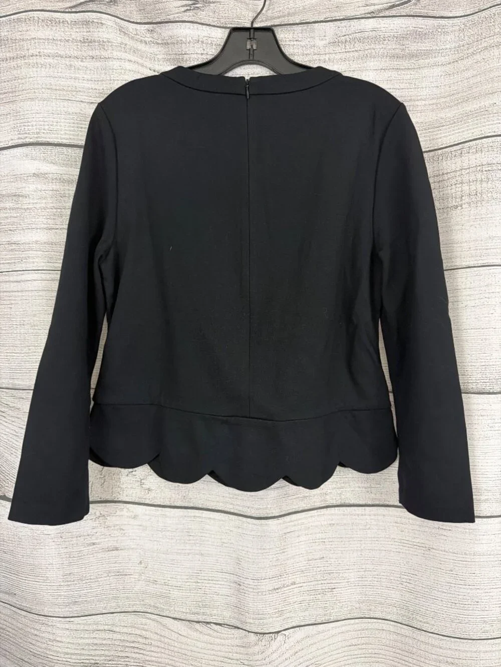 Kate Spade New York Black Scallop Hem Long Sleeve Zip Back Top Size 10